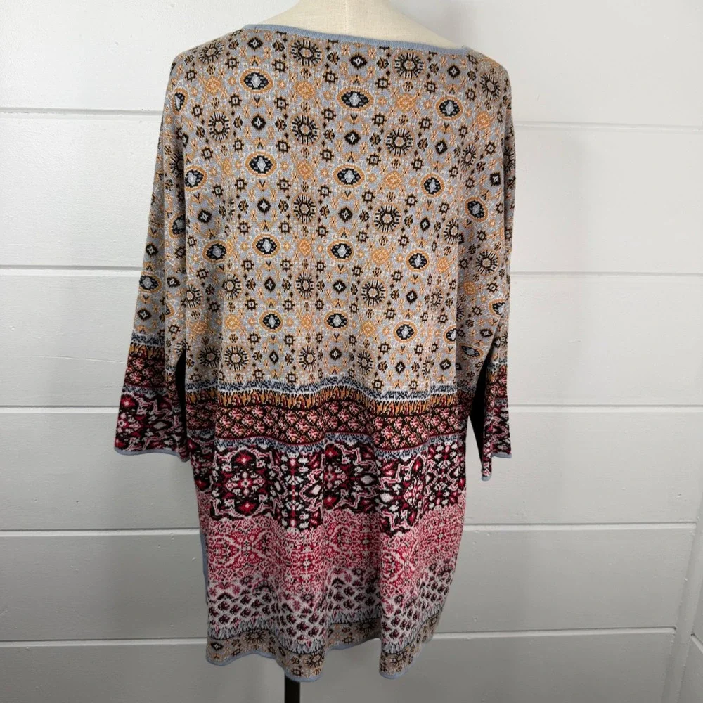 J Jill Large Linen Cotton Knit Sweater 3/4‎ Sleeve Boho Lagenlook Geometric